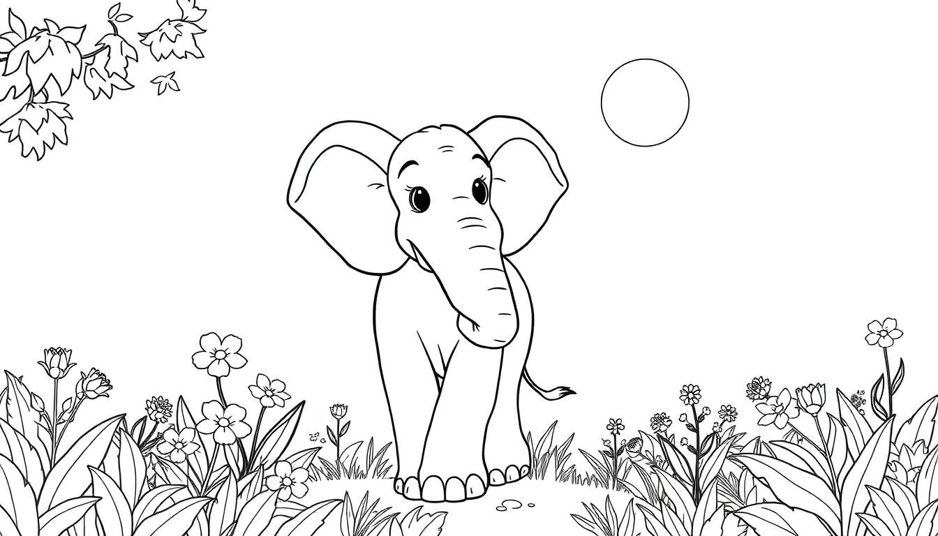 Um desenho para colorir de um elefante num campo florido com um círculo no topo direito, parte do nosso color panel.