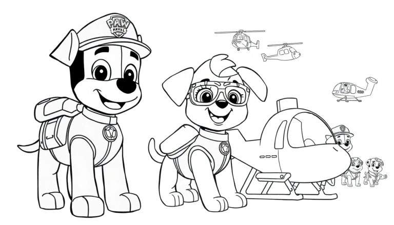Color panel de cachorrinhos da Patrulha Pata em ação com helicóptero.