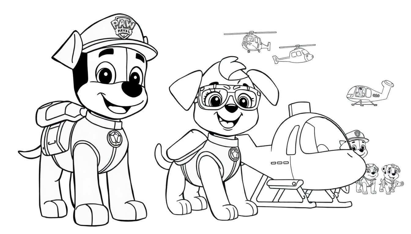 Color panel de cachorrinhos da Patrulha Pata em ação com helicóptero.