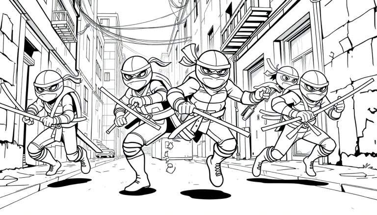 Quatro Tartarugas Ninja correndo em uma rua da cidade, segurando suas armas características, com edifícios altos e linhas de energia ao fundo.