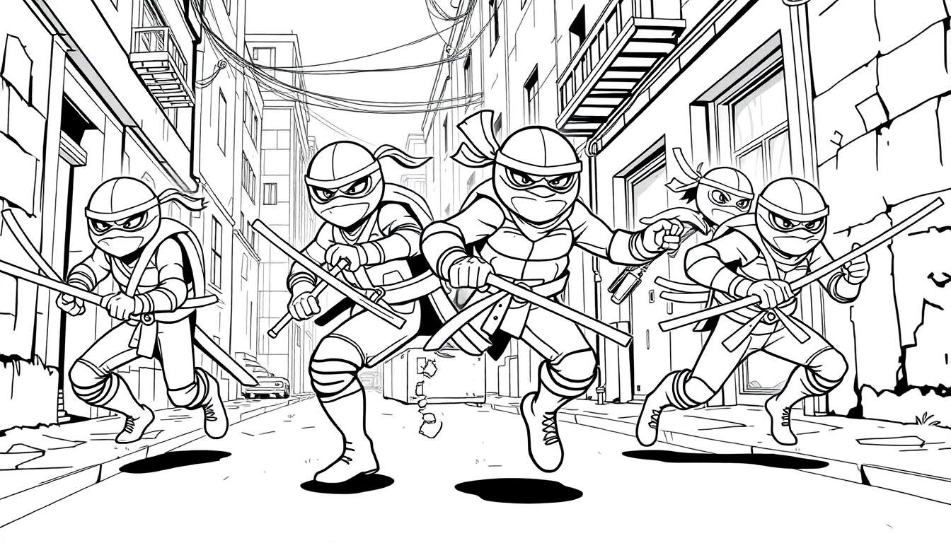 Quatro Tartarugas Ninja correndo em uma rua da cidade, segurando suas armas características, com edifícios altos e linhas de energia ao fundo.