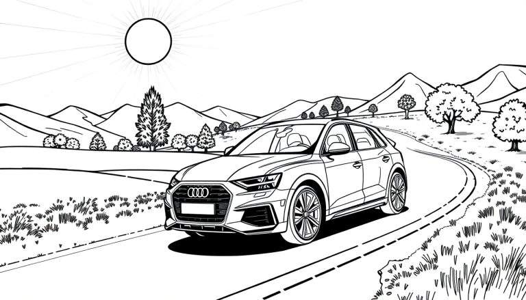 Um desenho a preto e branco de um Audi Q3 a conduzir numa estrada campestre sinuosa sob um céu ensolarado. O carro está detalhado, com linhas elegantes, e a paisagem inclui montanhas, árvores e arbustos. A estrada tem linhas tracejadas e a vegetação tem textura.