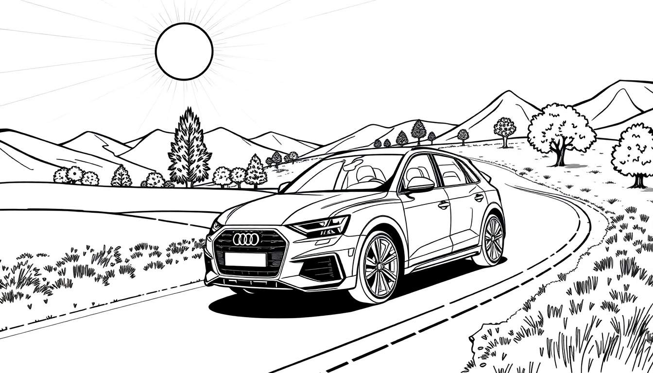 Um desenho a preto e branco de um Audi Q3 a conduzir numa estrada campestre sinuosa sob um céu ensolarado. O carro está detalhado, com linhas elegantes, e a paisagem inclui montanhas, árvores e arbustos. A estrada tem linhas tracejadas e a vegetação tem textura.