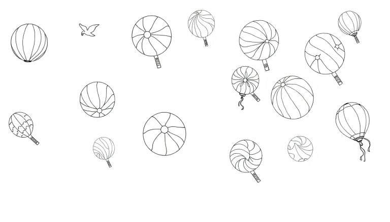 Desenho de linha preta de balões e pirulitos em um fundo branco, com um pequeno pássaro no canto.