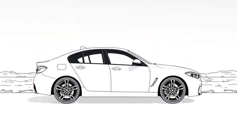 Um desenho linear de um carro BMW sedan branco e moderno, com janelas escuras, estacionado com um fundo simples de grama e montanhas. O carro é desenhado em preto e branco com linhas limpas, parte do color panel.