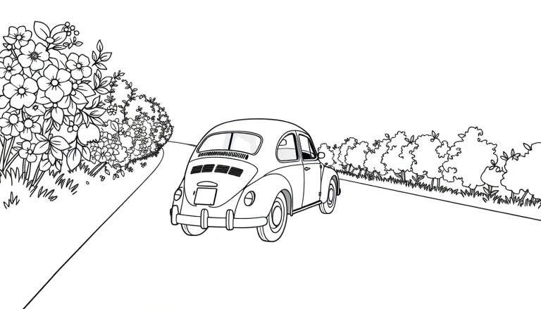Um Fusca branco em uma estrada com flores coloridas e árvores.