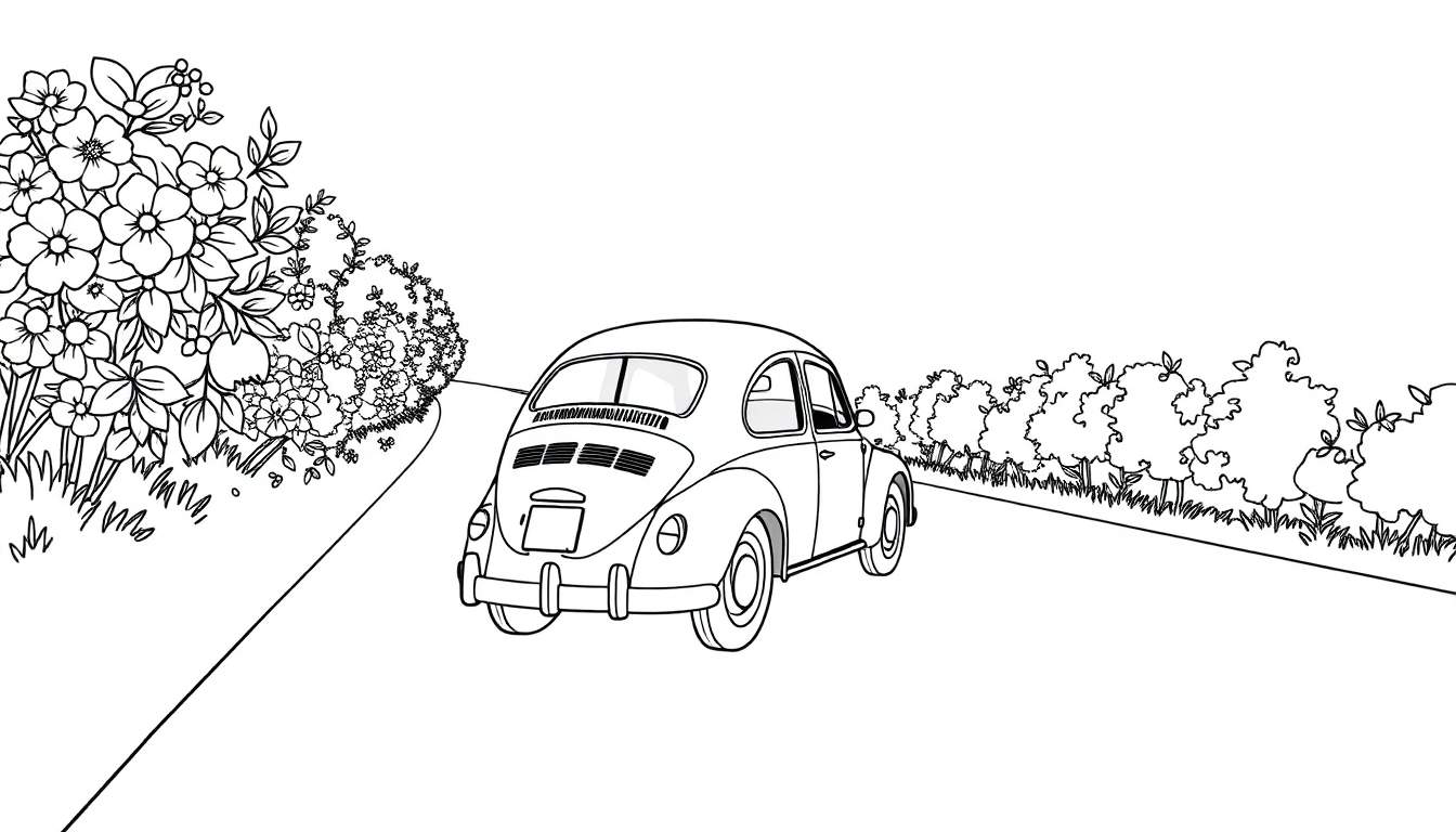 Um Fusca branco em uma estrada com flores coloridas e árvores.