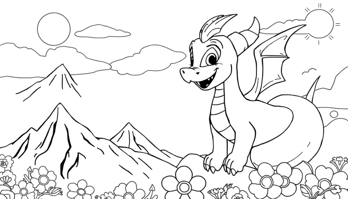 Desenho de contorno de um dragão sorrindo em uma paisagem montanhosa com flores.