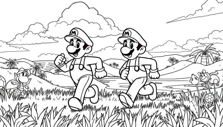 Desenho para colorir de Mario e Luigi correndo em uma paisagem tropical com cogumelos.