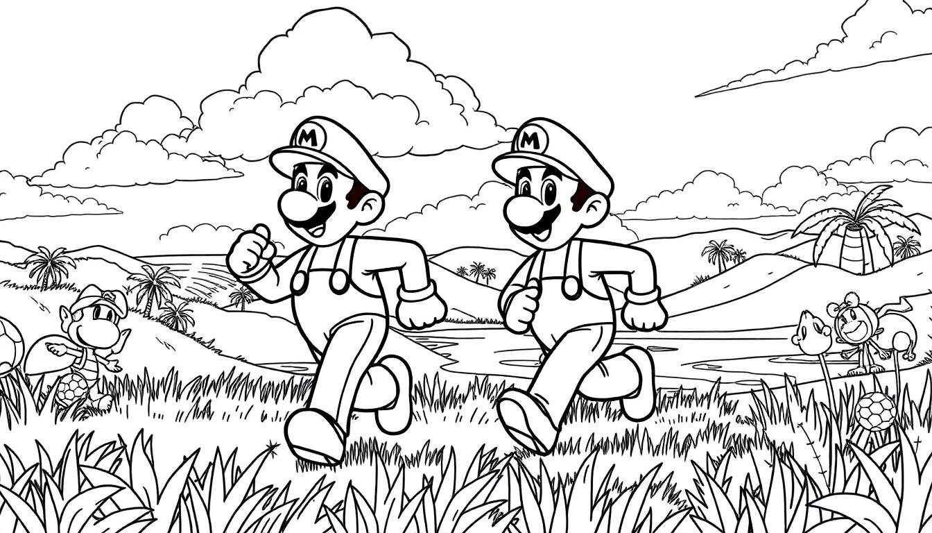 Desenho para colorir de Mario e Luigi correndo em uma paisagem tropical com cogumelos.