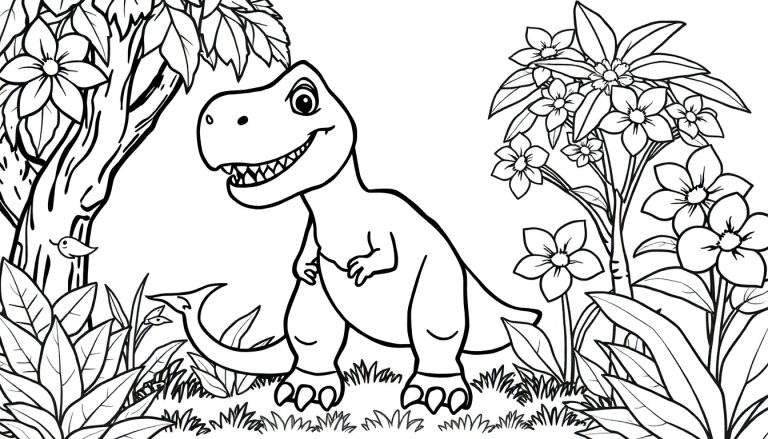 Um simpático dinossauro T-Rex sorrindo em uma floresta, em uma página para colorir color panel.