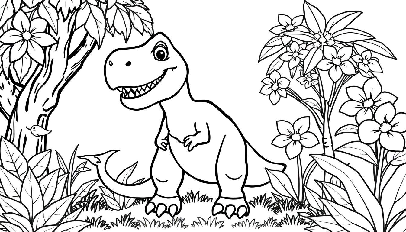 Um simpático dinossauro T-Rex sorrindo em uma floresta, em uma página para colorir color panel.