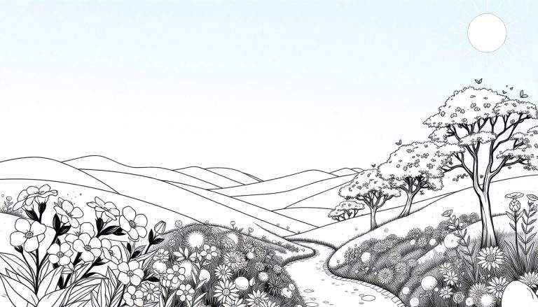 Paisagem rural em preto e branco com colinas, um caminho florido e árvores.