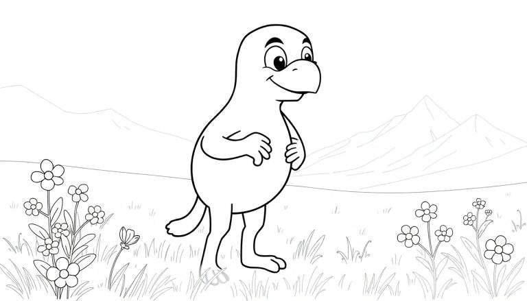 Um personagem fofo de desenho animado, um pássaro arredondado com bico e olhos grandes, sorri em um campo florido.