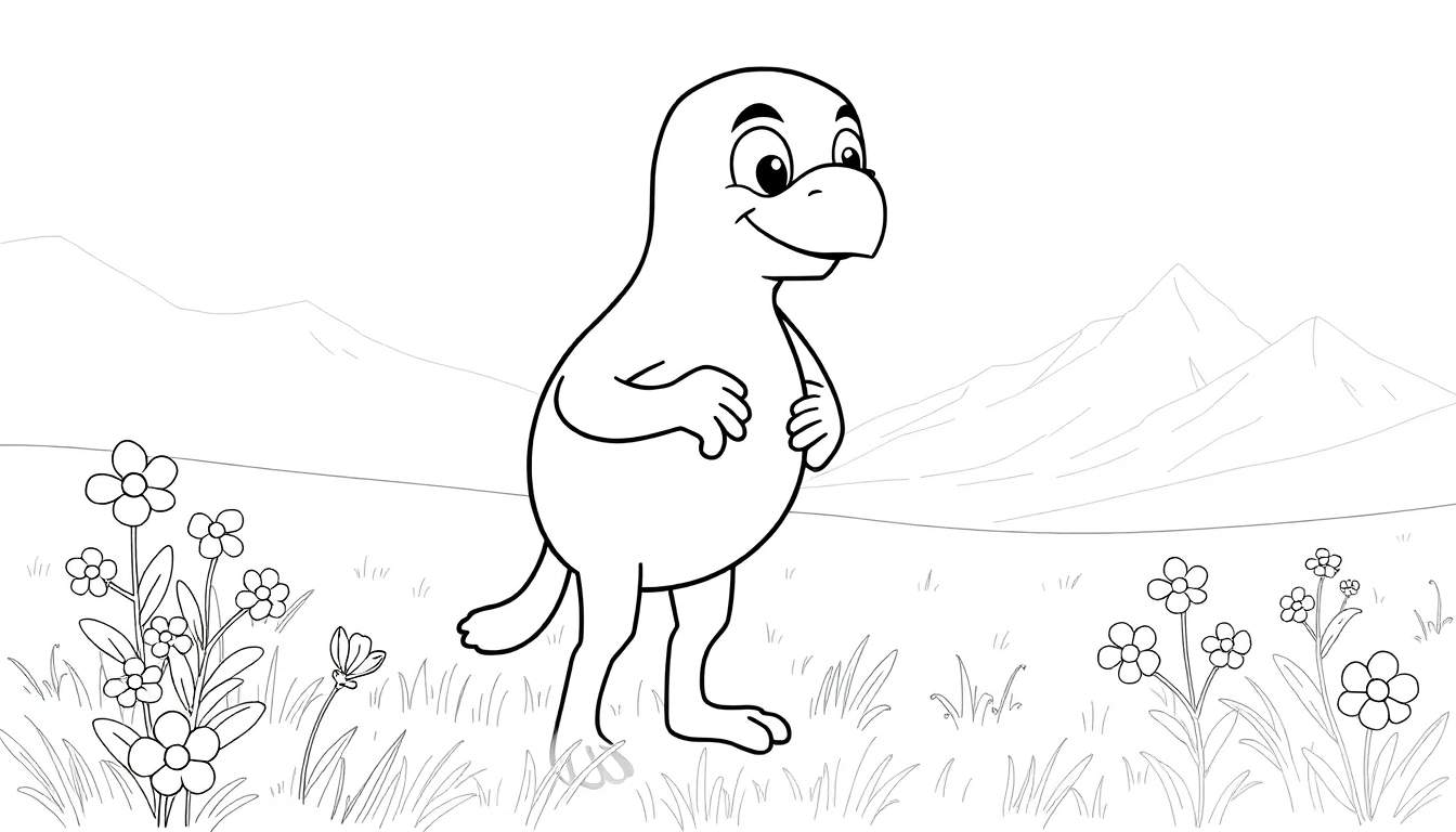 Um personagem fofo de desenho animado, um pássaro arredondado com bico e olhos grandes, sorri em um campo florido.