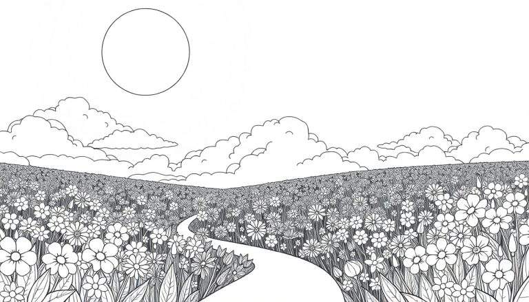 Um campo florido em preto e branco com um caminho, uma página de colorir com um color panel.