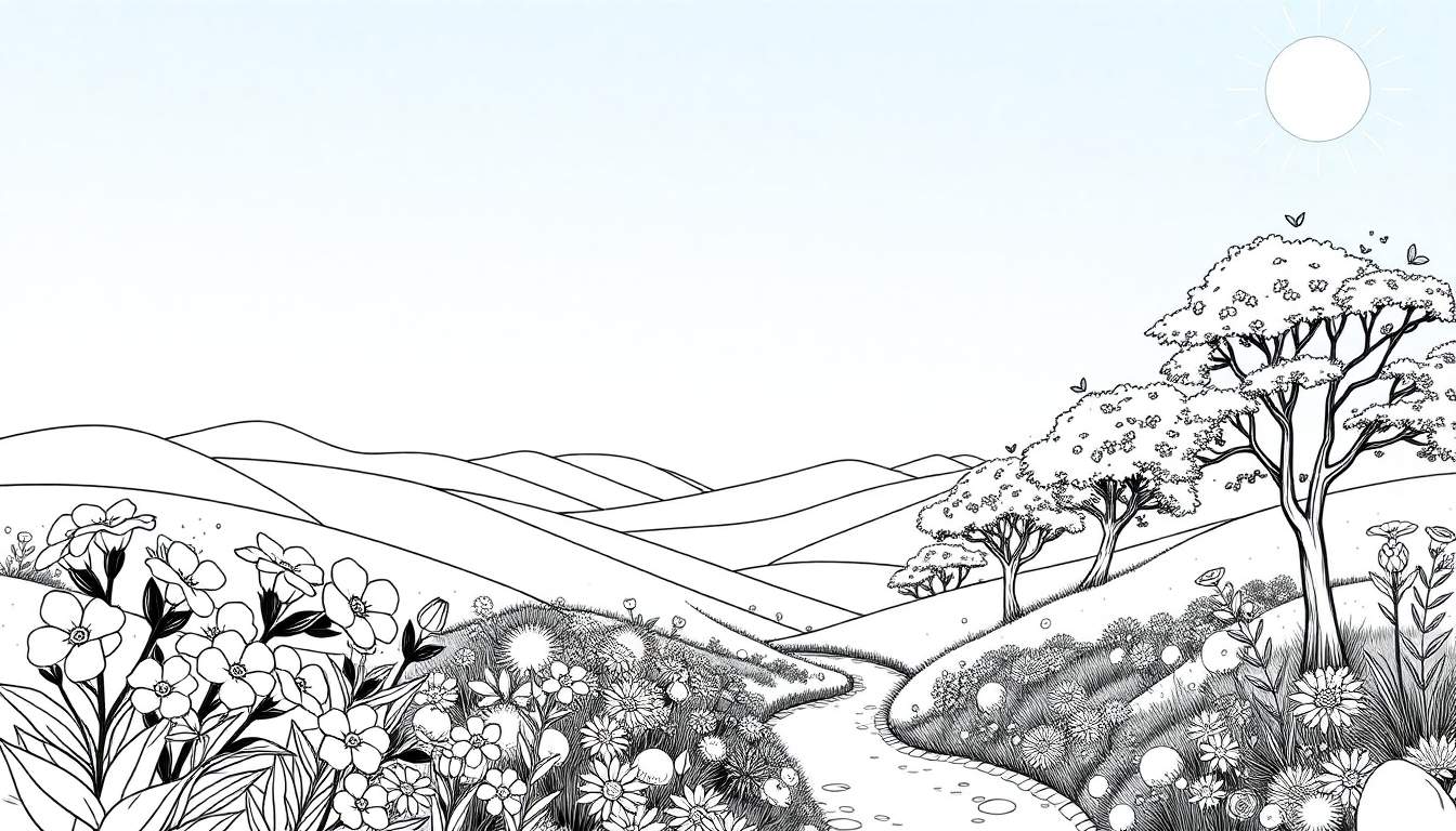 Paisagem rural em preto e branco com colinas, um caminho florido e árvores.