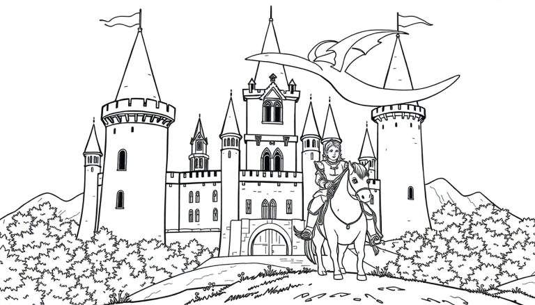 Desenho para colorir de um castelo medieval com um cavaleiro, dragão e montanhas.