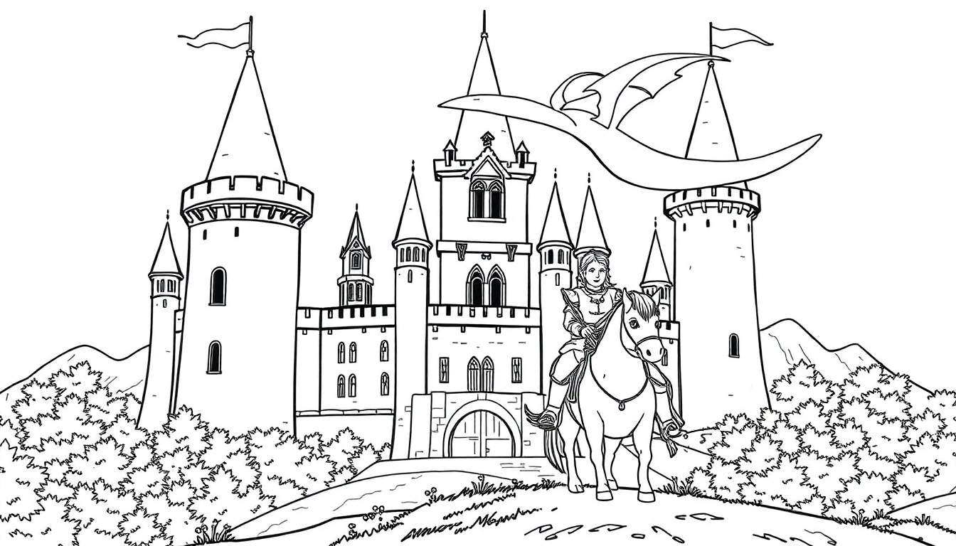 Desenho para colorir de um castelo medieval com um cavaleiro, dragão e montanhas.