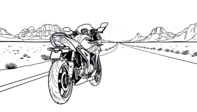 Ilustração em preto e branco de uma motocicleta em uma estrada deserta com montanhas e sol.