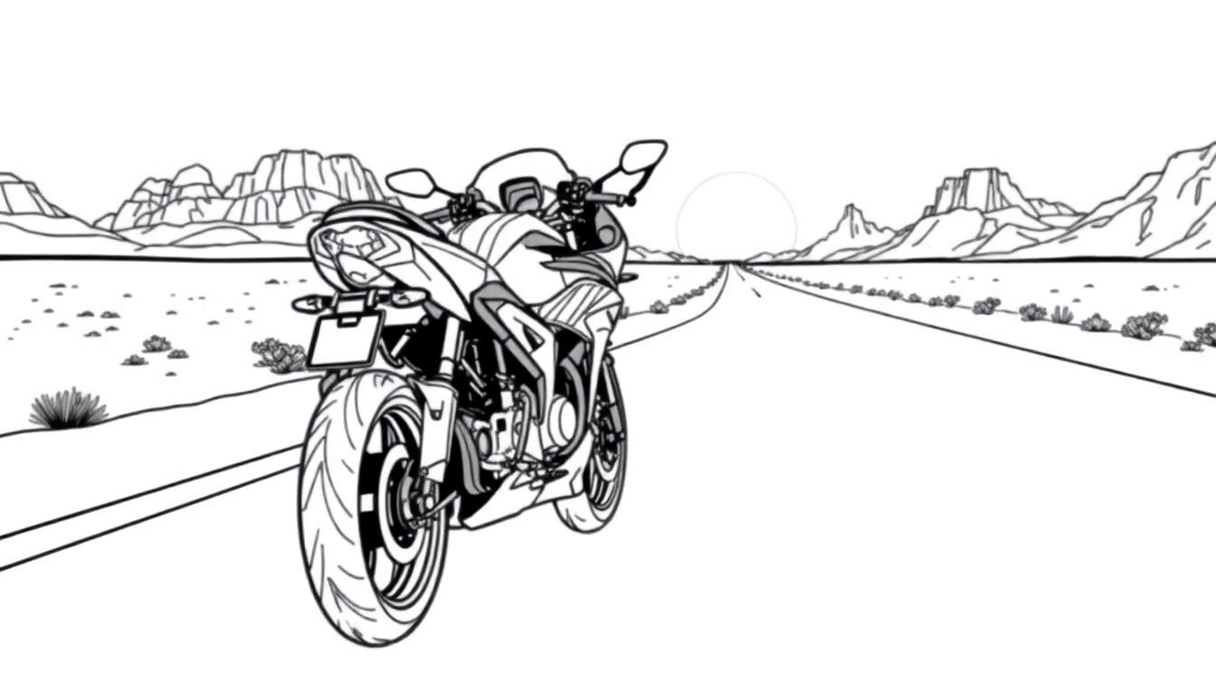 Ilustração em preto e branco de uma motocicleta em uma estrada deserta com montanhas e sol.