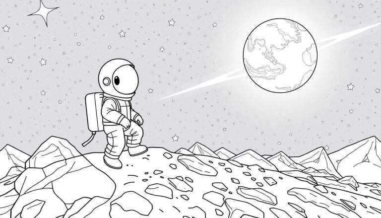 Um astronauta de desenho animado em um planeta rochoso com um planeta anelado e estrelas ao fundo.