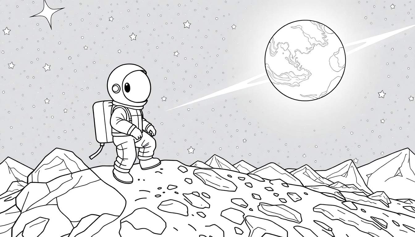 Um astronauta de desenho animado em um planeta rochoso com um planeta anelado e estrelas ao fundo.