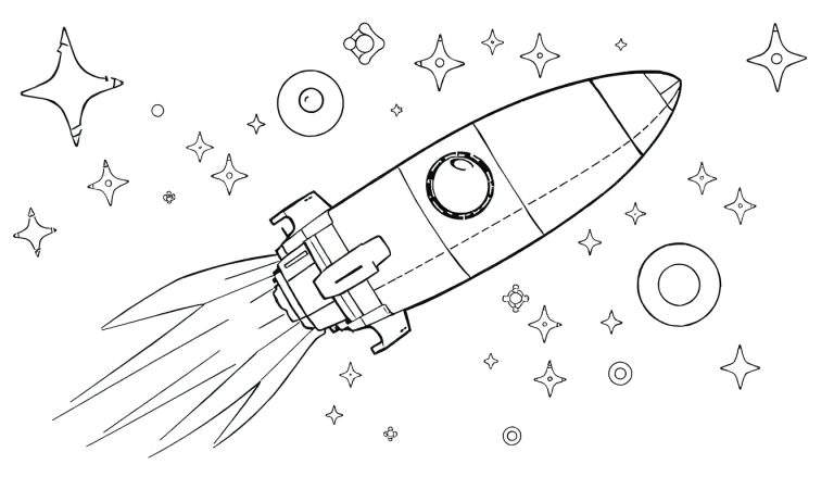 Um foguete espacial preto e branco voando entre estrelas e planetas desenhados.