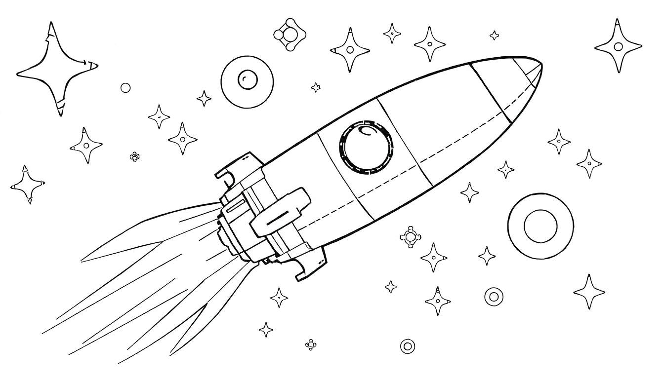 Um foguete espacial preto e branco voando entre estrelas e planetas desenhados.