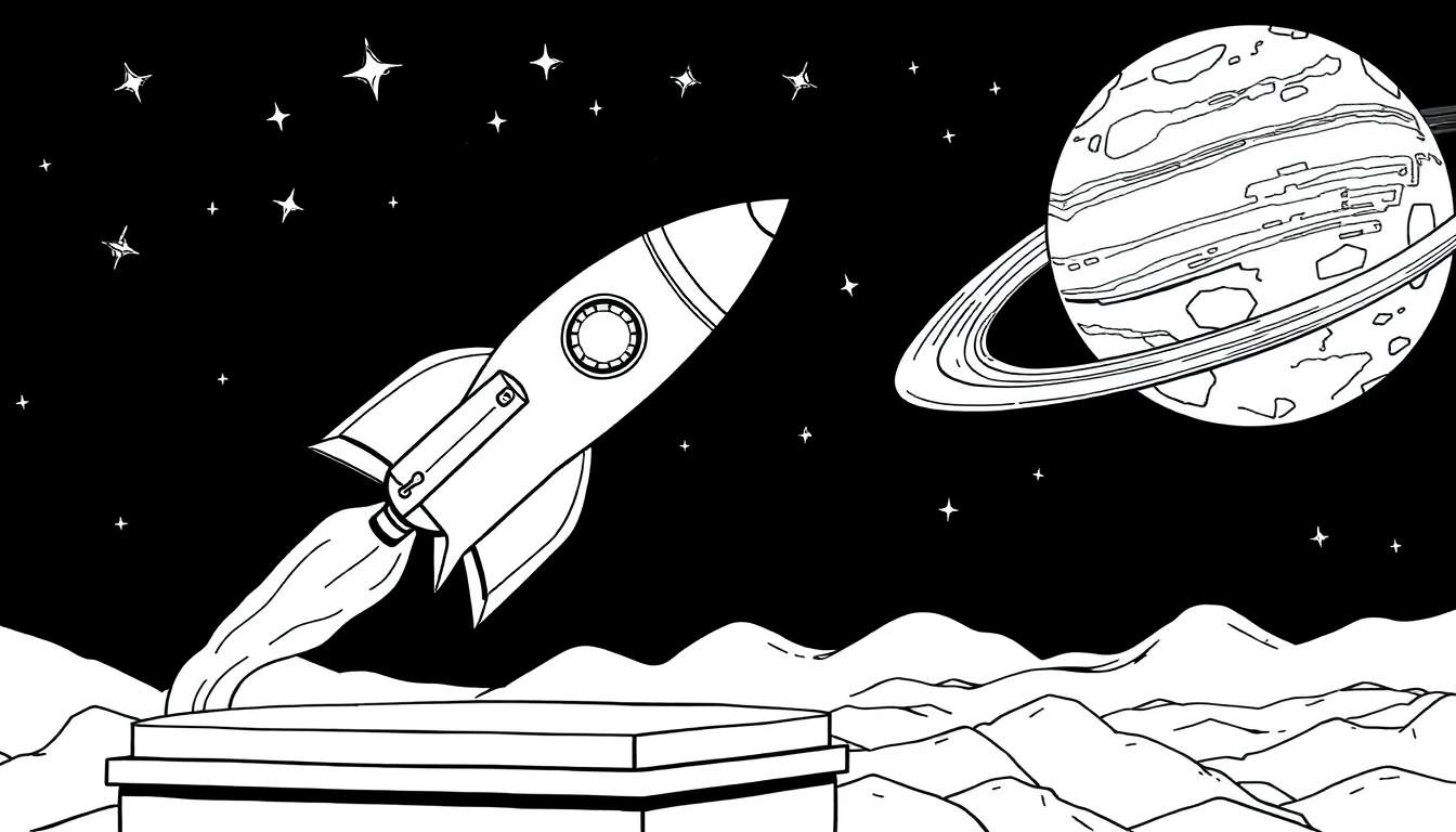 Um foguete preto e branco de desenho animado em uma plataforma com jatos de fogo saindo dos motores, pronto para o lançamento espacial. Ao fundo, um planeta com anéis e muitas estrelas.