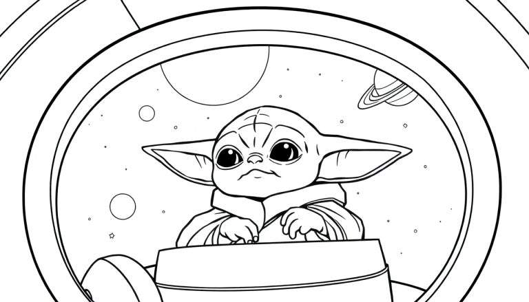Desenho de contorno de Grogu em uma cápsula espacial, pronto para colorir.