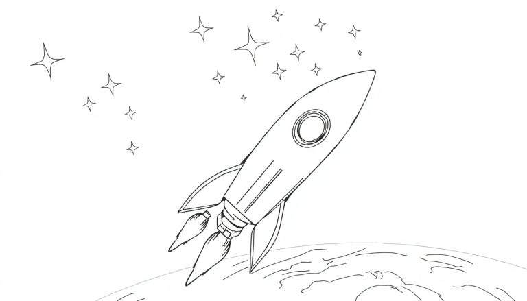 Ilustração linear de uma espaçonave decolando de um planeta com estrelas ao fundo, estilo color panel.