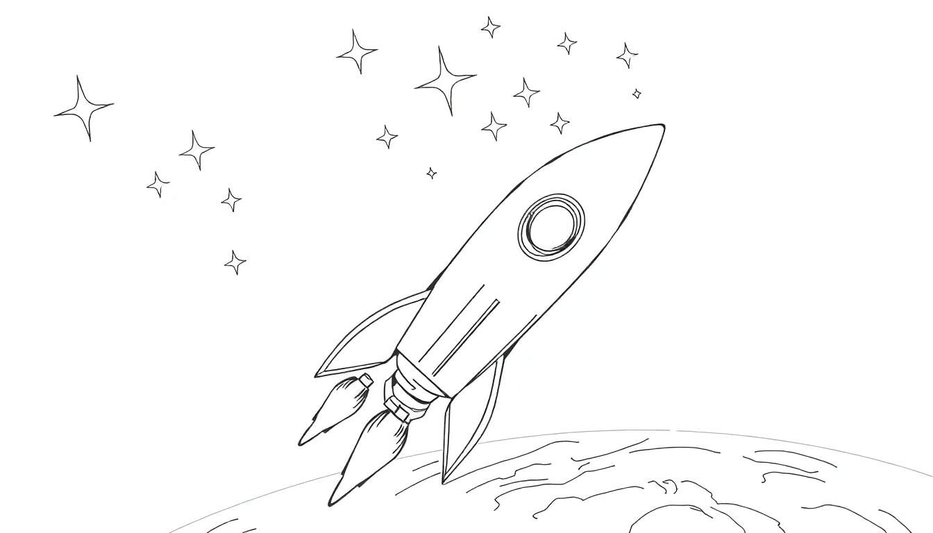 Ilustração linear de uma espaçonave decolando de um planeta com estrelas ao fundo, estilo color panel.