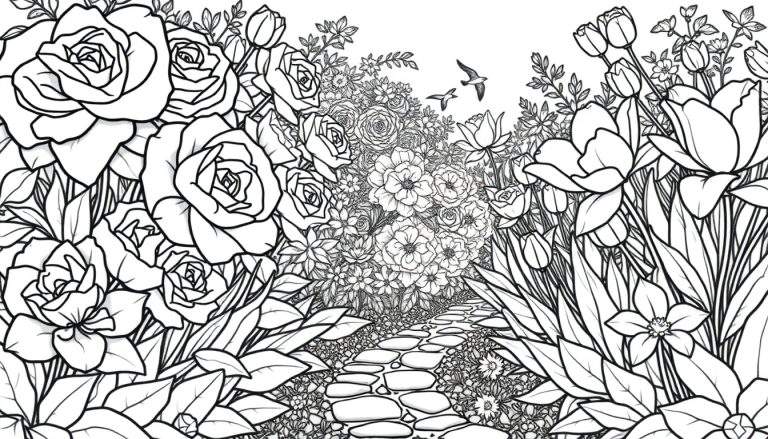 Um caminho de pedra sinuoso através de um jardim vibrante repleto de rosas, tulipas e pássaros voadores, com um color panel para inspiração.