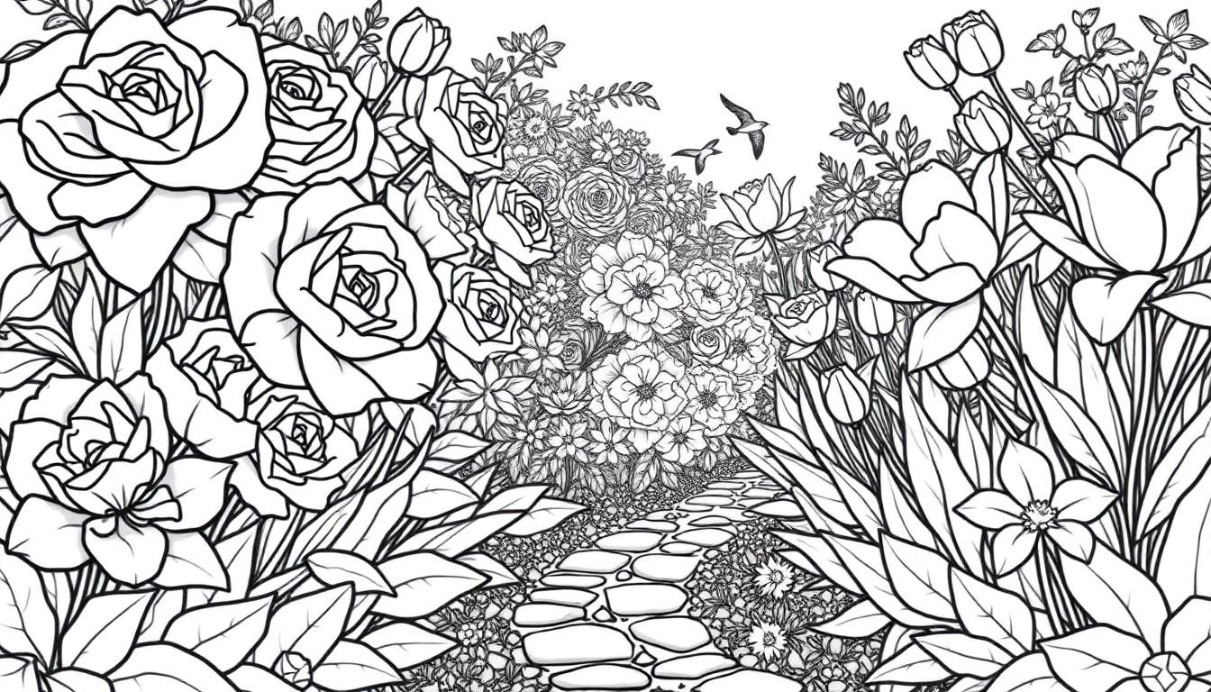 Um caminho de pedra sinuoso através de um jardim vibrante repleto de rosas, tulipas e pássaros voadores, com um color panel para inspiração.