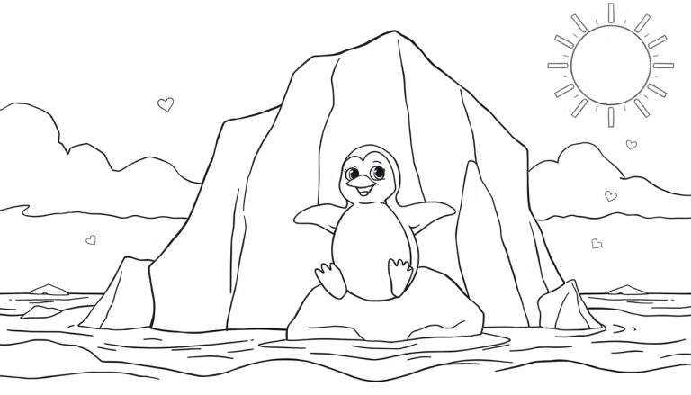 Desenho a preto e branco de um pinguim numa pedra, com um icebergue, sol, nuvens e corações no céu. Um design tipo color panel.