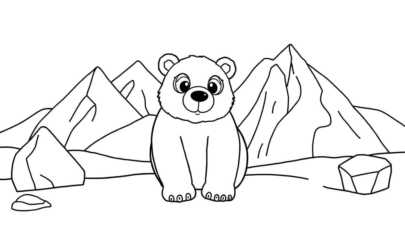 Um urso polar sentado em um ambiente de inverno, com montanhas nevadas ao fundo.