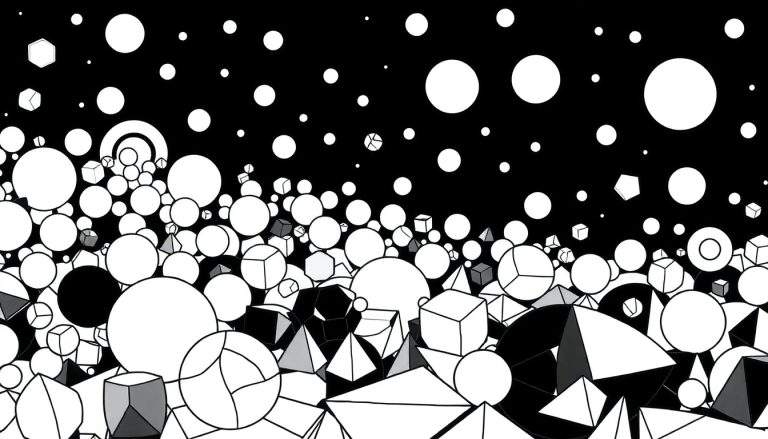 Ilustração abstrata em preto e branco com círculos, esferas, cubos e pirâmides em um color panel.