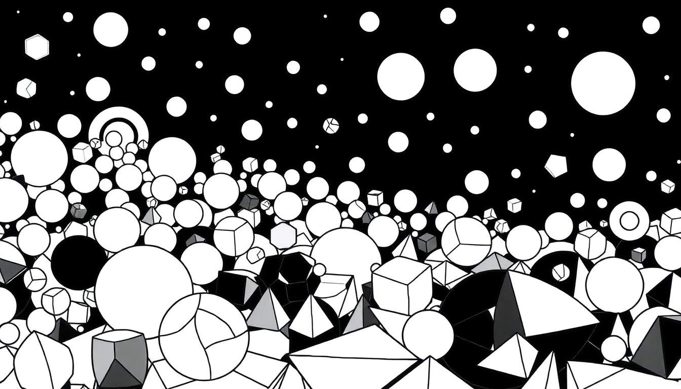 Ilustração abstrata em preto e branco com círculos, esferas, cubos e pirâmides em um color panel.
