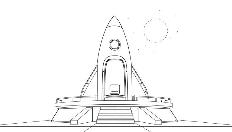 Desenho em preto e branco de um foguete futurista em uma plataforma com um planeta pontilhado no céu, ideal para colorir.