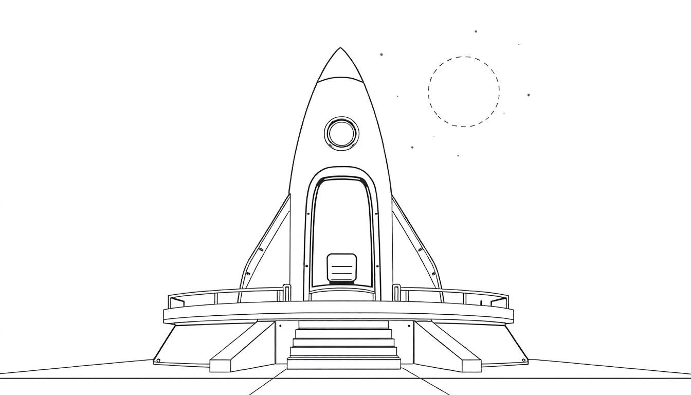 Desenho em preto e branco de um foguete futurista em uma plataforma com um planeta pontilhado no céu, ideal para colorir.