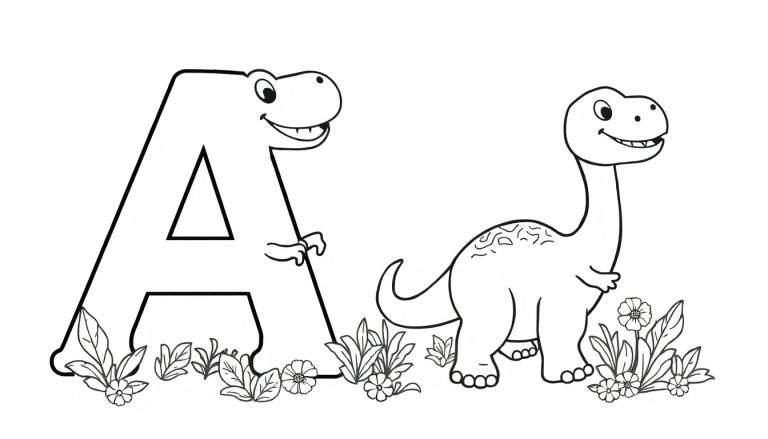 Página para colorir com a letra A em forma de dinossauro e outro dinossauro amigável, rodeados por plantas e flores.
