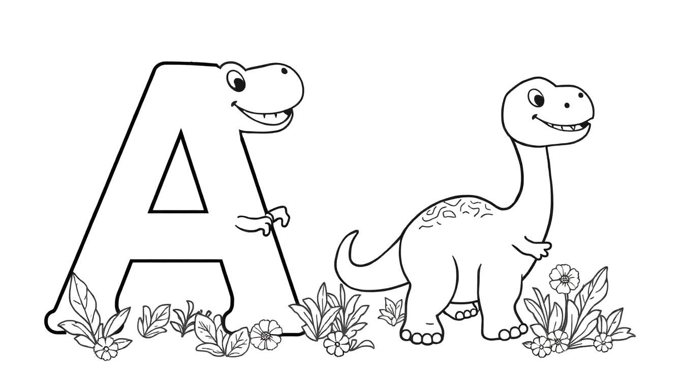 Página para colorir com a letra A em forma de dinossauro e outro dinossauro amigável, rodeados por plantas e flores.