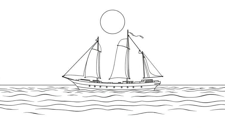 Um desenho em preto e branco de um veleiro com três mastros em um mar com ondas suaves, sob um grande círculo que representa o sol ou a lua. O color panel mostra a simplicidade do desenho.