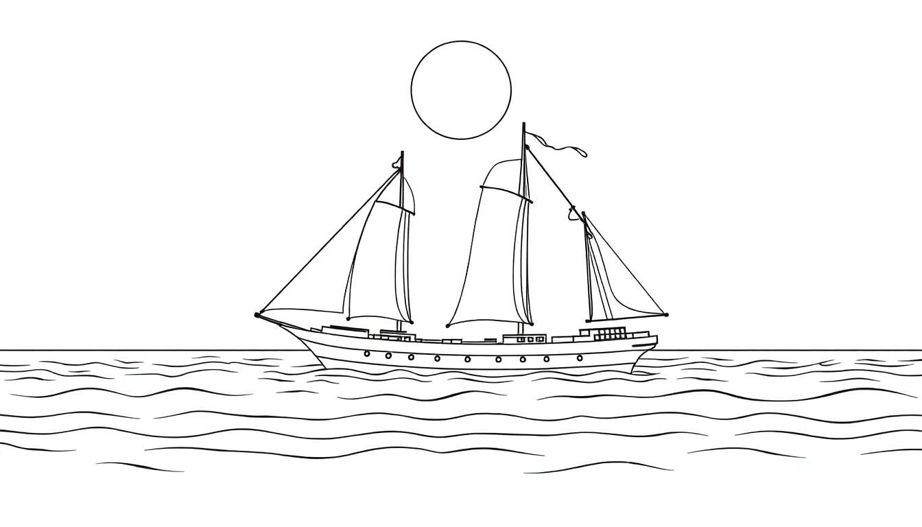 Um desenho em preto e branco de um veleiro com três mastros em um mar com ondas suaves, sob um grande círculo que representa o sol ou a lua. O color panel mostra a simplicidade do desenho.
