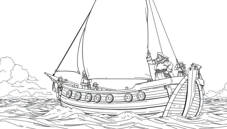 Um navio histórico a preto e branco, com duas velas grandes, navegando em mar agitado, com tripulação a bordo.