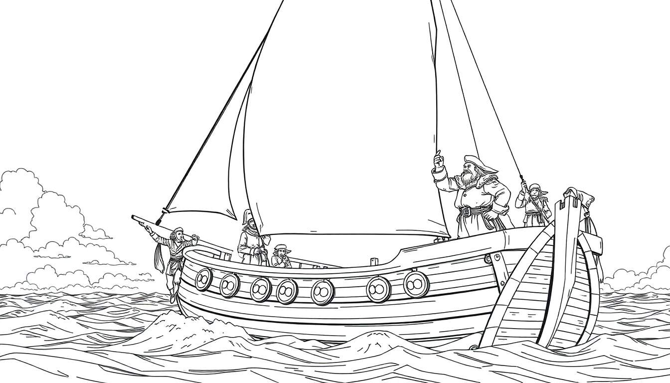 Um navio histórico a preto e branco, com duas velas grandes, navegando em mar agitado, com tripulação a bordo.