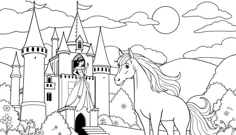 Página de colorir color panel: princesa em um castelo com um cavalo.
