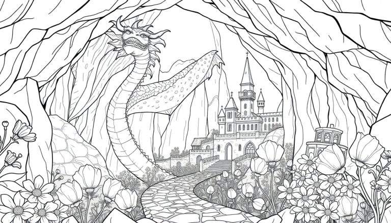 Desenho em preto e branco de um castelo de fantasia com flores e um dragão, adequado para colorir.