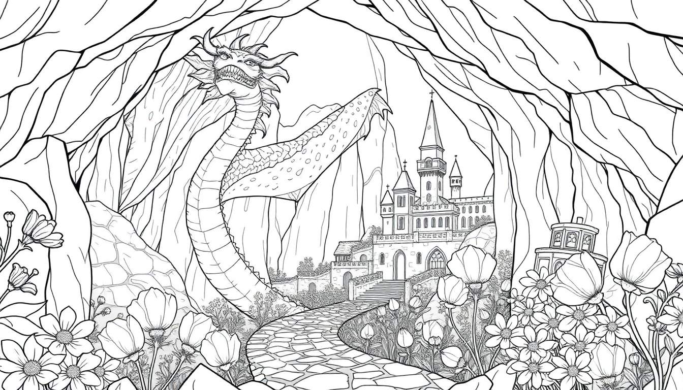 Desenho em preto e branco de um castelo de fantasia com flores e um dragão, adequado para colorir.
